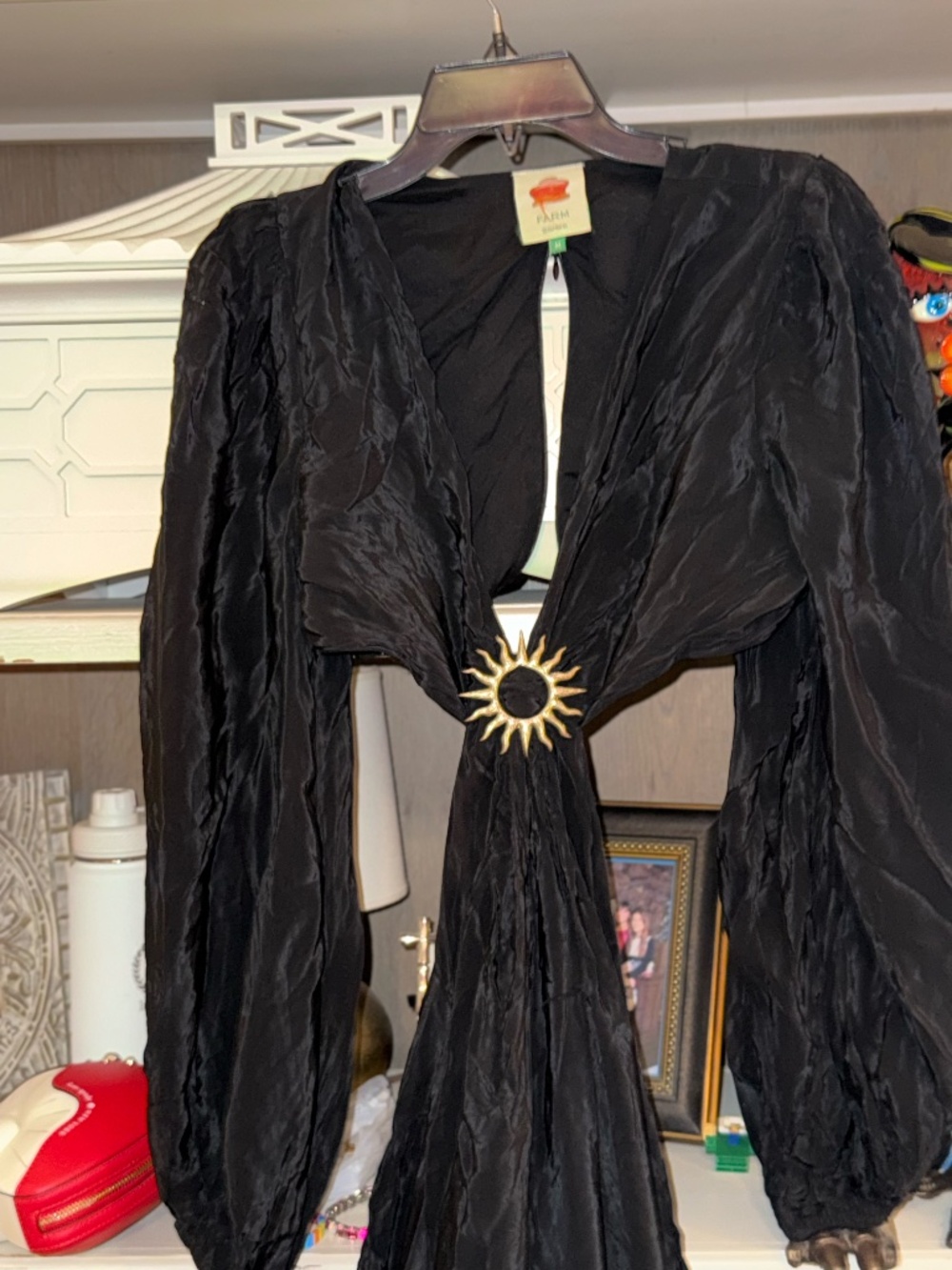 Farm Rio Medium M black cut out long sleeve dress gold sun buckle - Picture 7 of 9